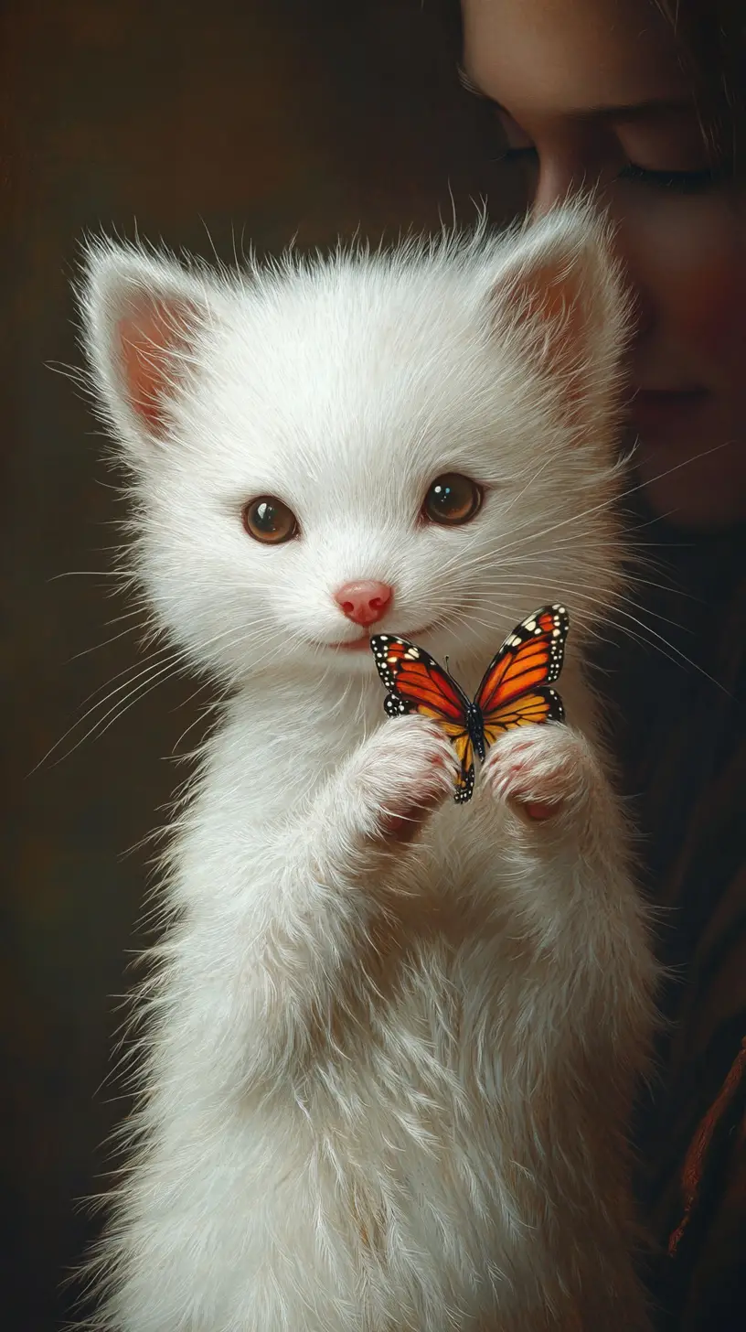 Pop art painting of a fluffy white ferret with butterfly