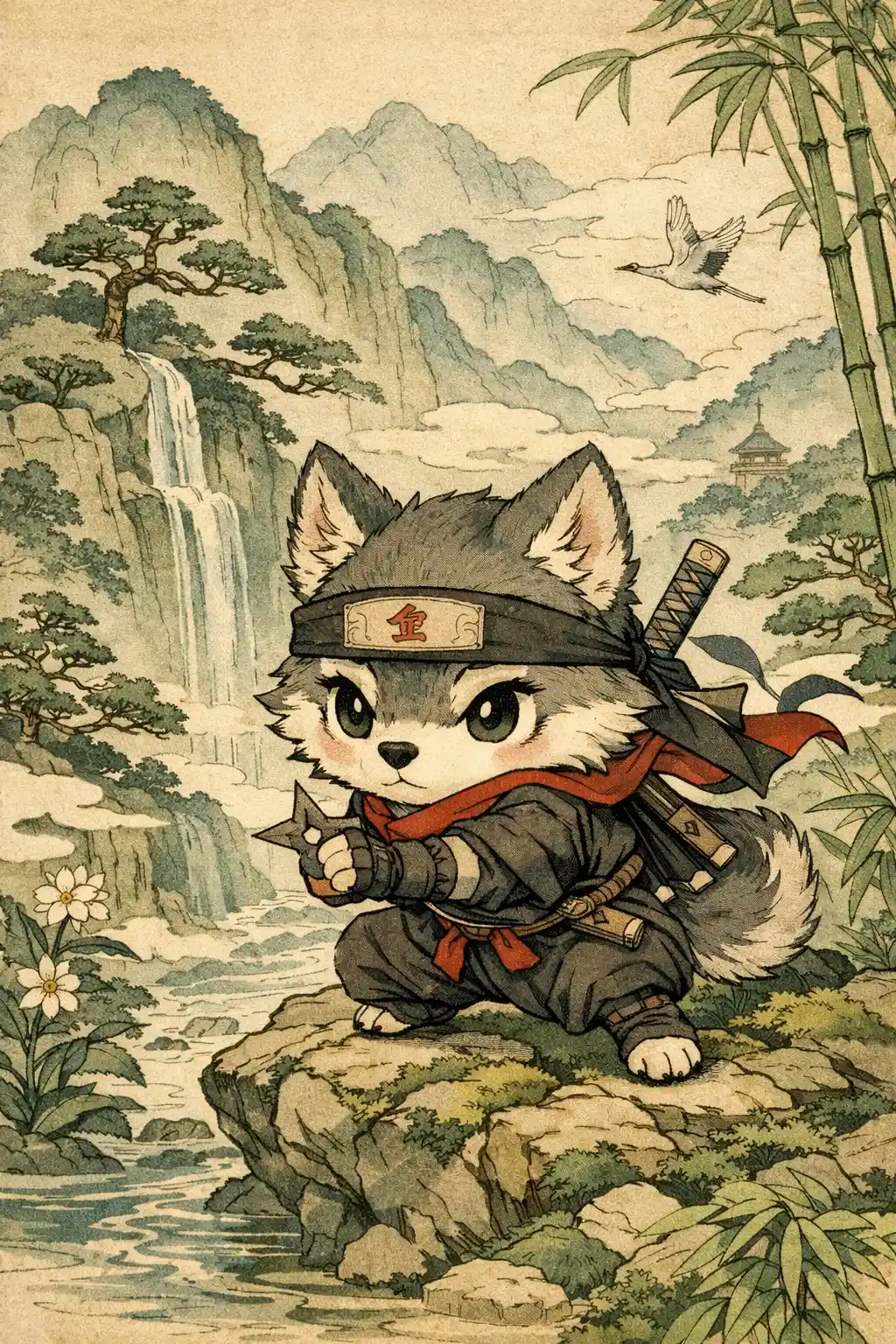 Chibi ninja wolf in serene misty mountain landscape