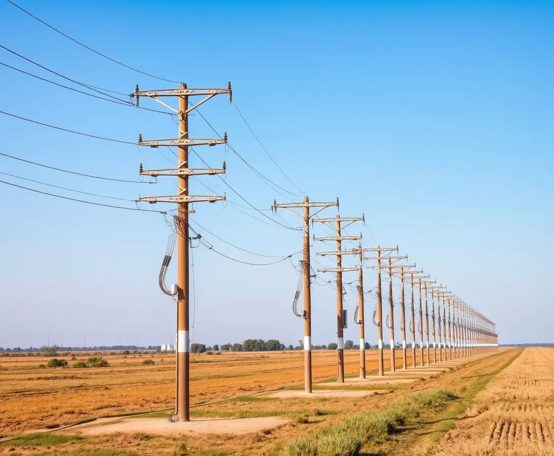 Utility poles in a row across an open field