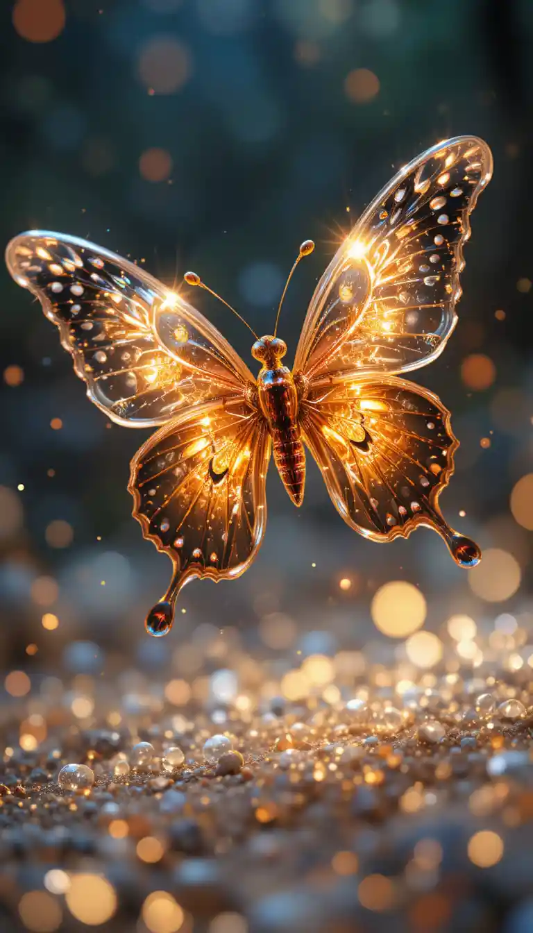 Glowing Crystal Butterfly Hovering Above Floating Sparkles
