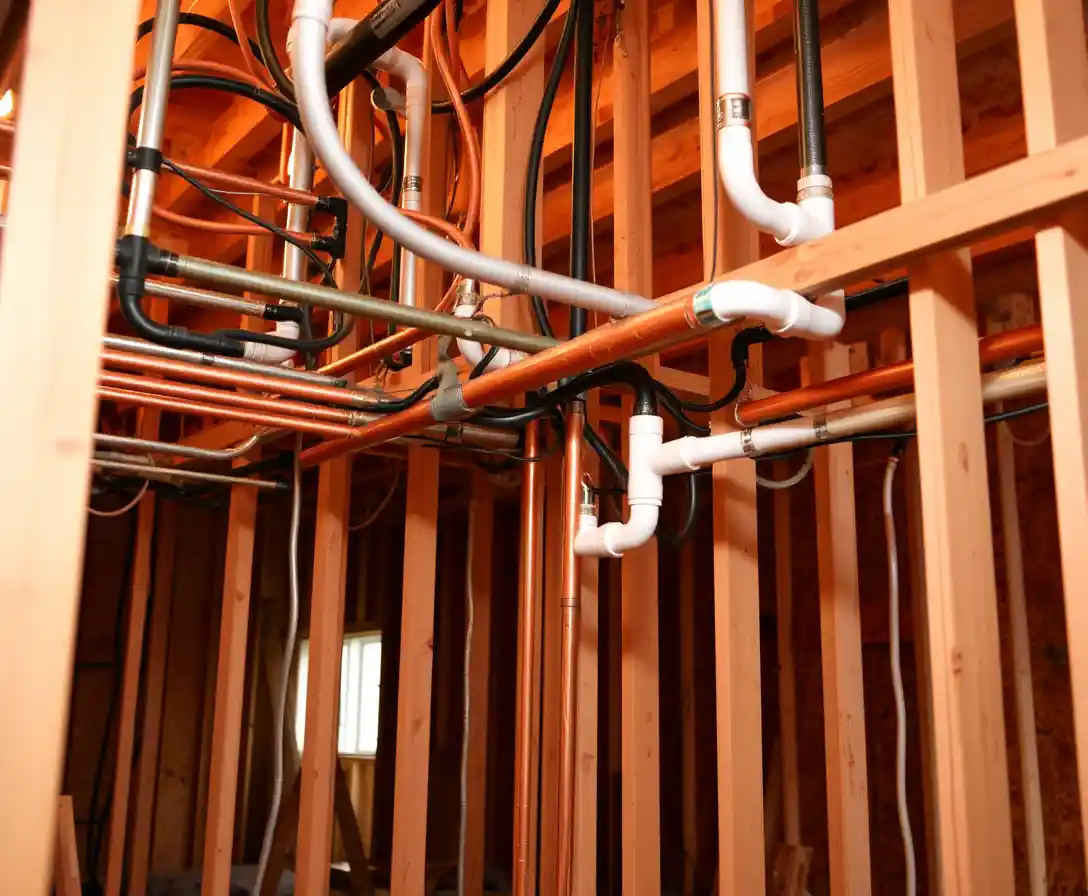 Copper and PVC plumbing network in a framed house interior