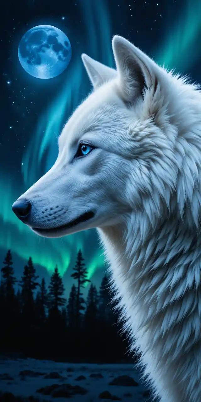 Porträt eines weißen Wolfs mit blauem Auge vor kosmischem Nachthimmel