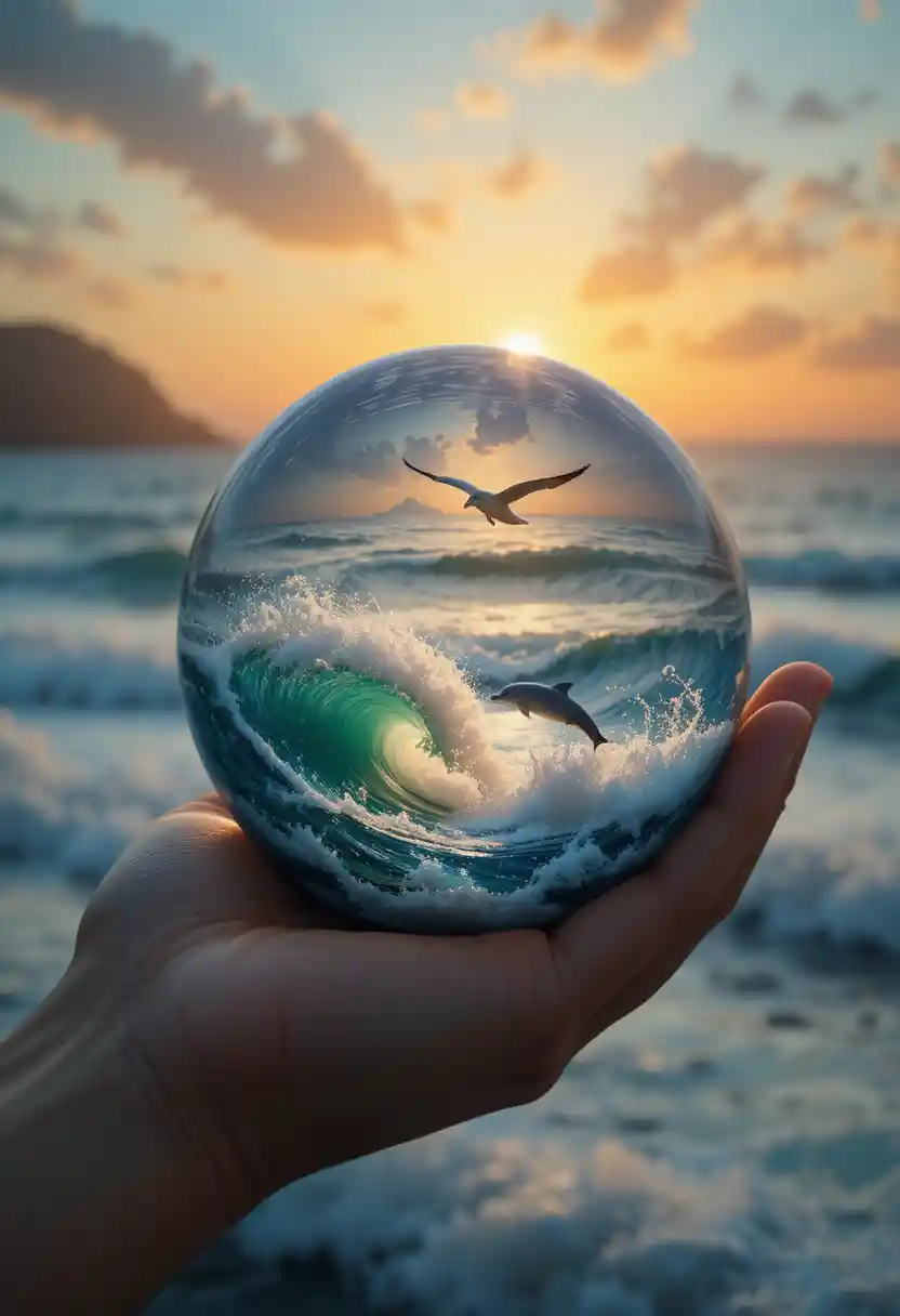 Paesaggio marino in miniatura con delfino e tramonto in una mano