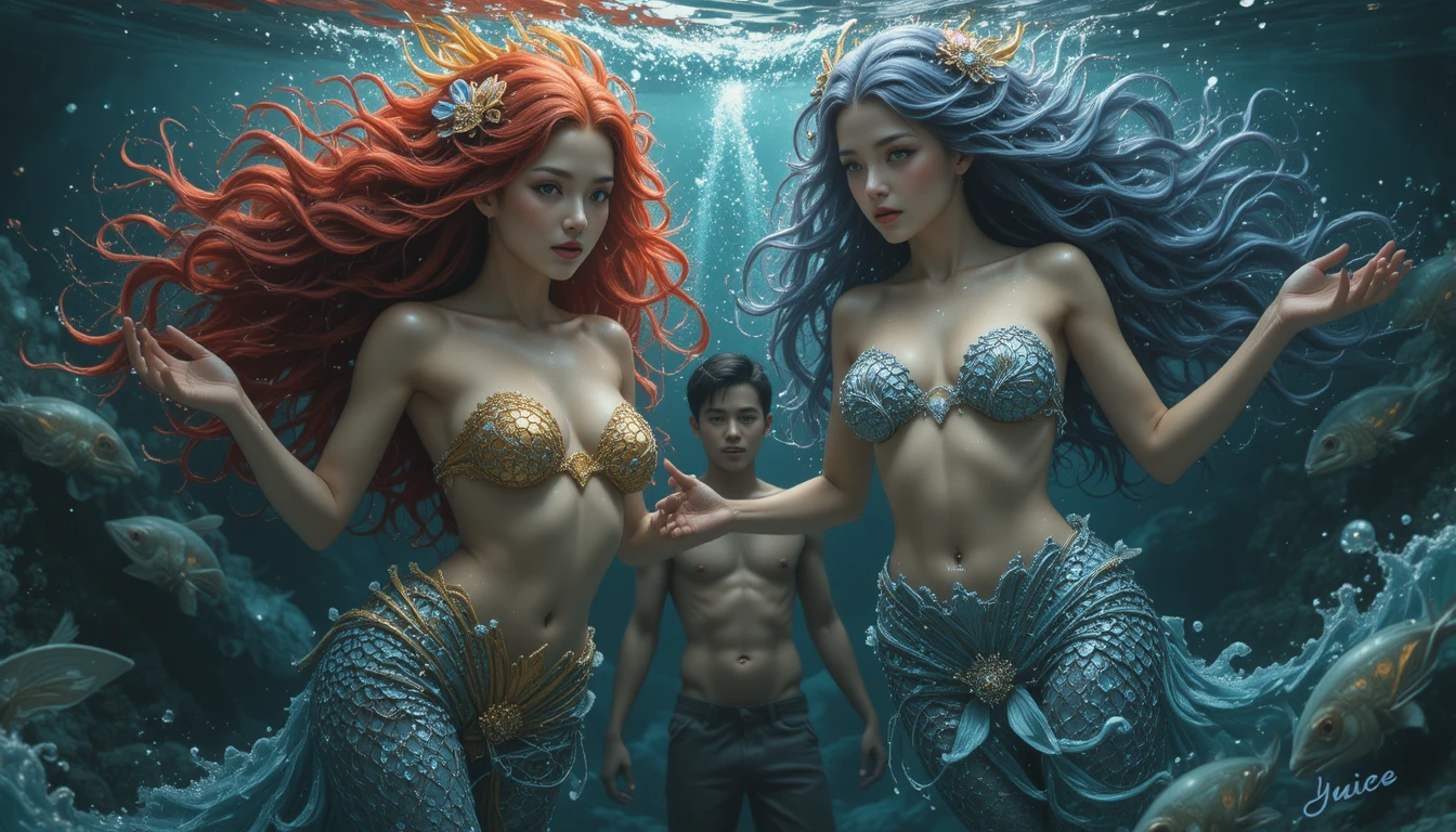 선명한 색 머리카락의 두 인어가 물속을 헤엄치는 모습