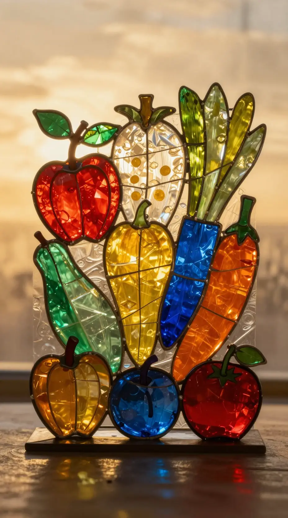 Surreal stained glass food still life in golden hour light