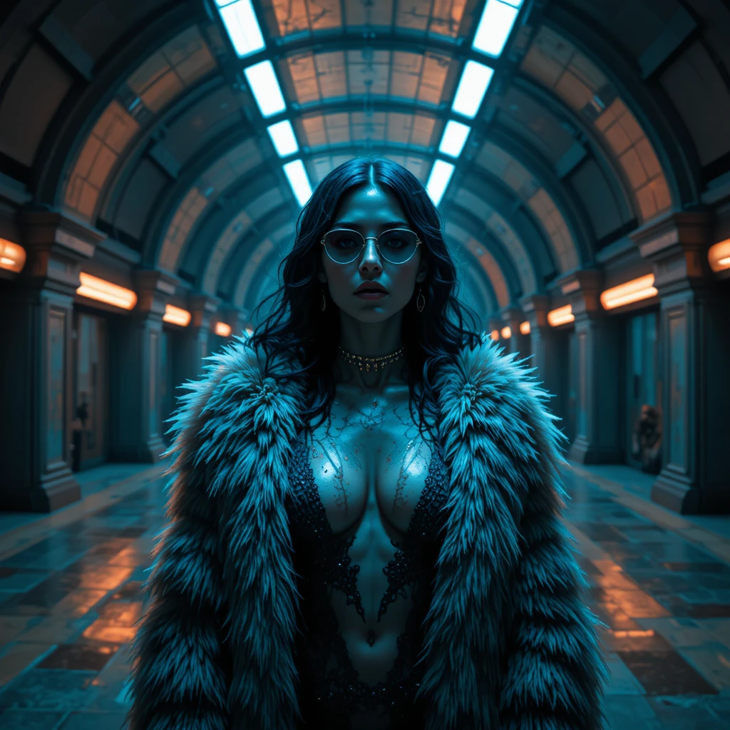 Femme fatale in an underwater noir ballroom scene