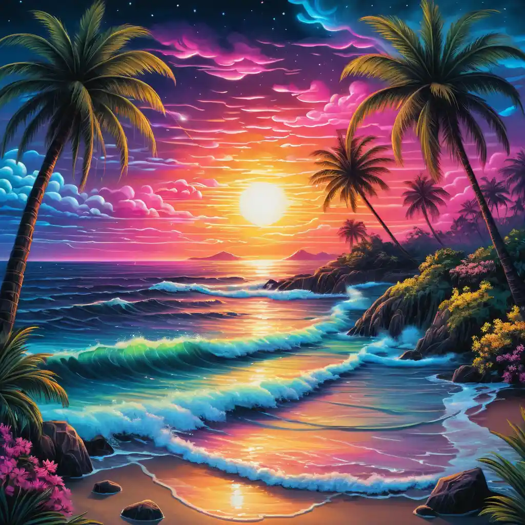 Neon sunset over ocean with palm silhouettes and flowers