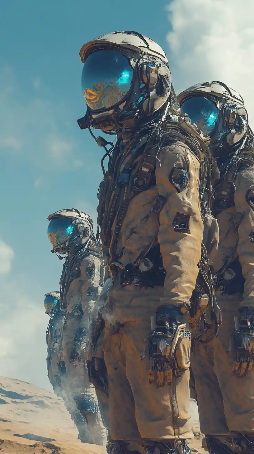 Futuristische Wüstenfrau mit offenem Helm und Plastikumhang