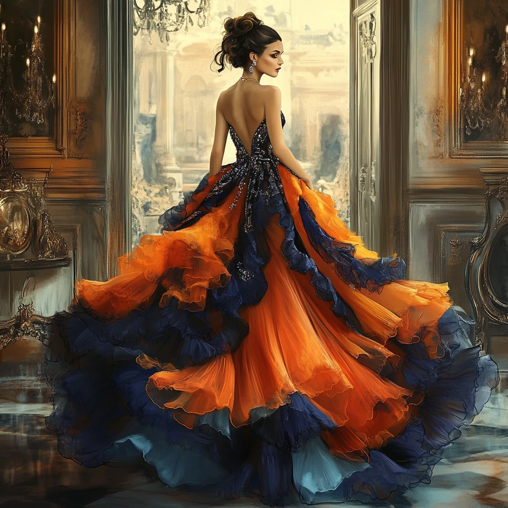 Elegant woman in ruffled evening gown entering gala ballroom