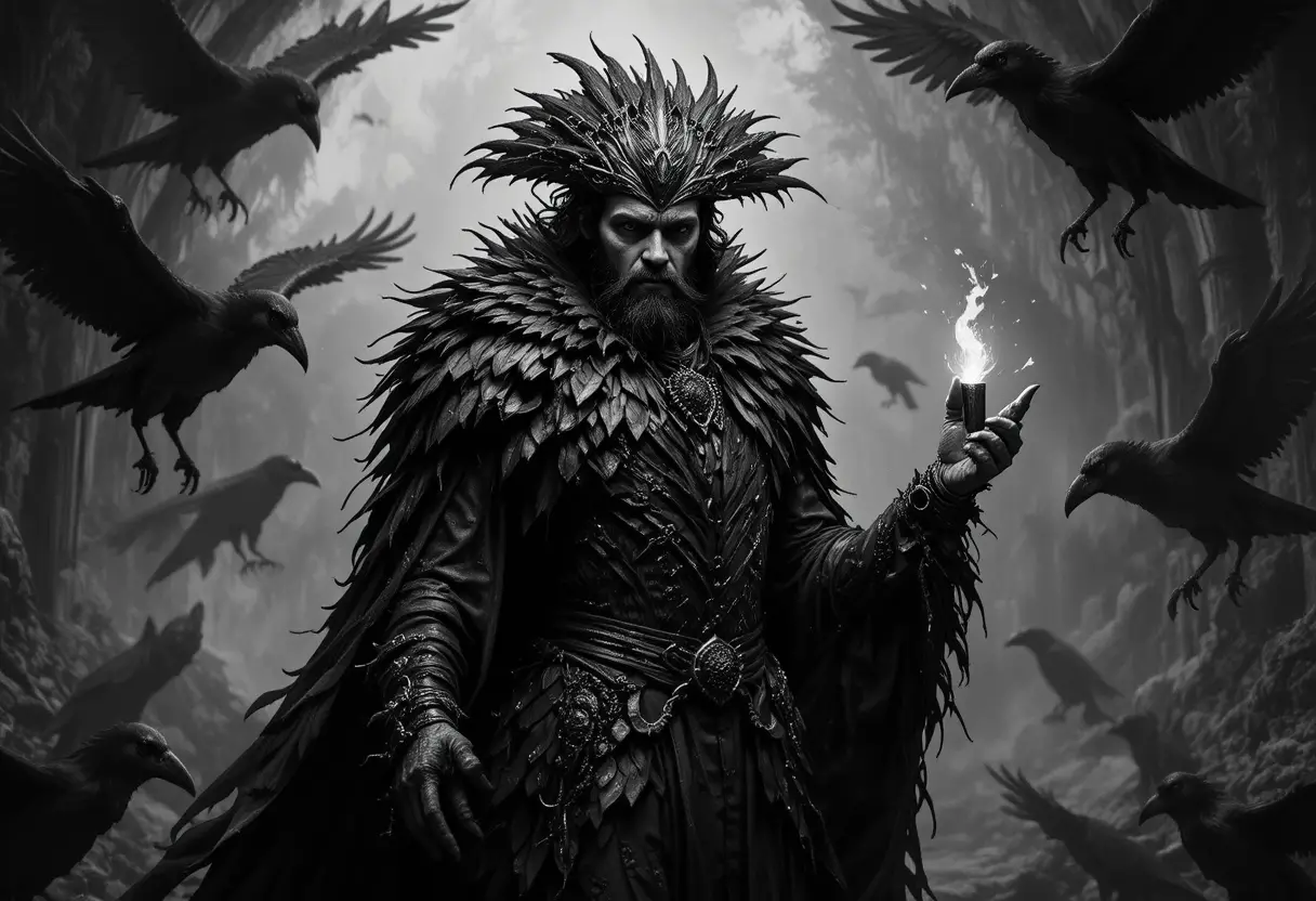 Raven like man holding light in surreal fantasy scene