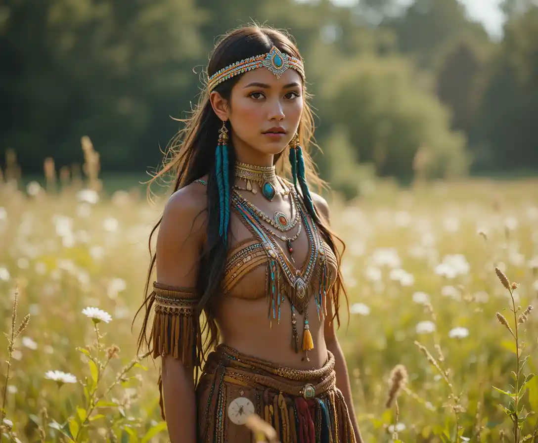 Young native woman in tribal clothing in green meadow