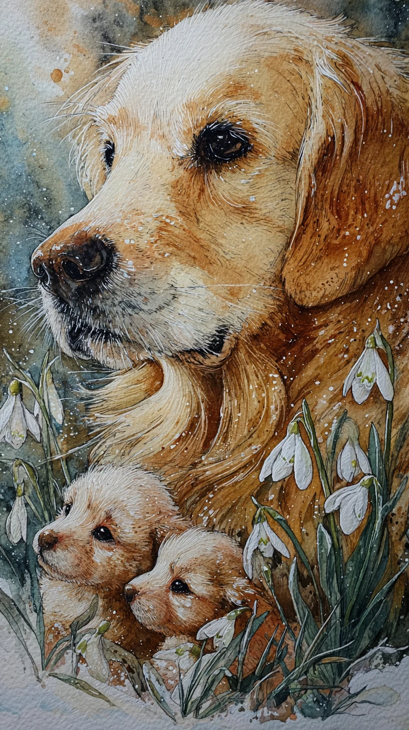 Golden retriever con due cuccioli in un prato primaverile