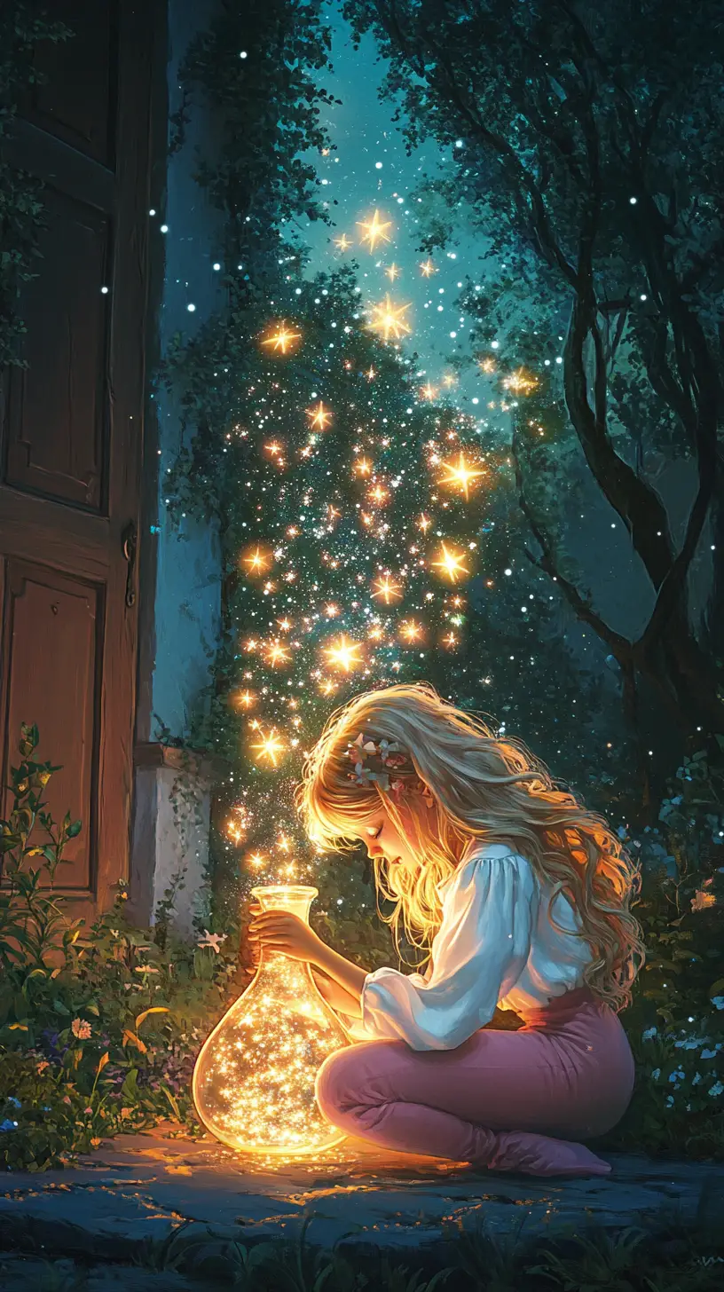Girl releasing glowing stars from a bottle at night