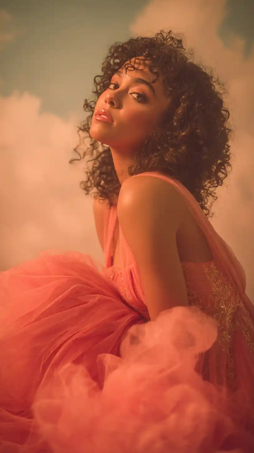 Contemplative woman in coral gown among pastel clouds