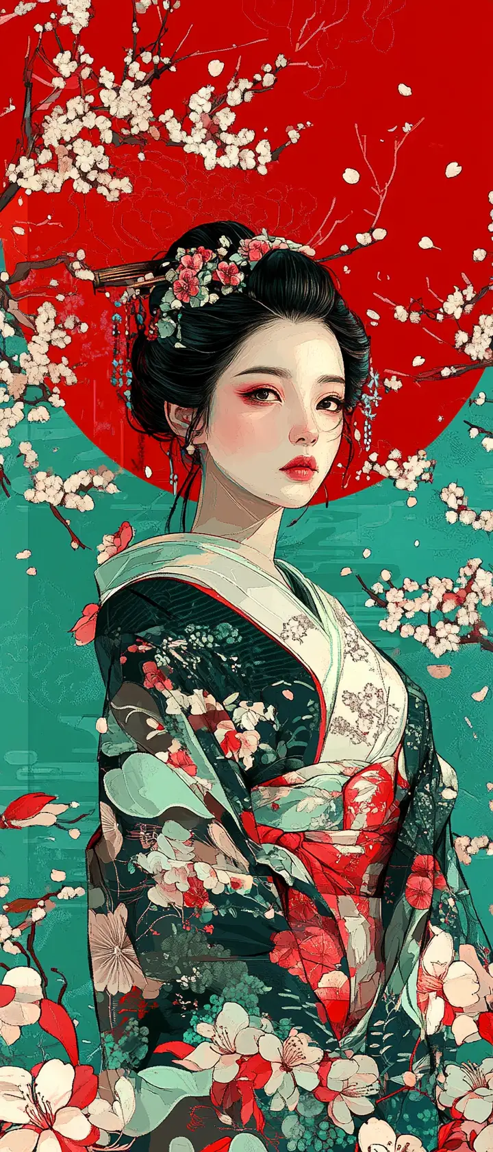 Asian woman in kimono with cherry blossoms illustration