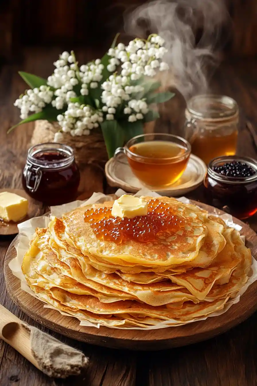 Rustic stack of crepes with tea and condiments