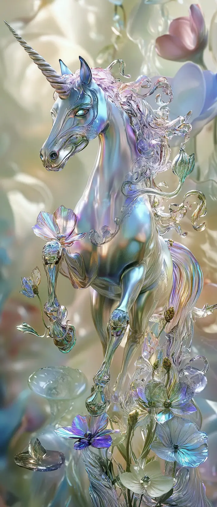 Skeletal glass unicorn in a dreamy fantasy flower field