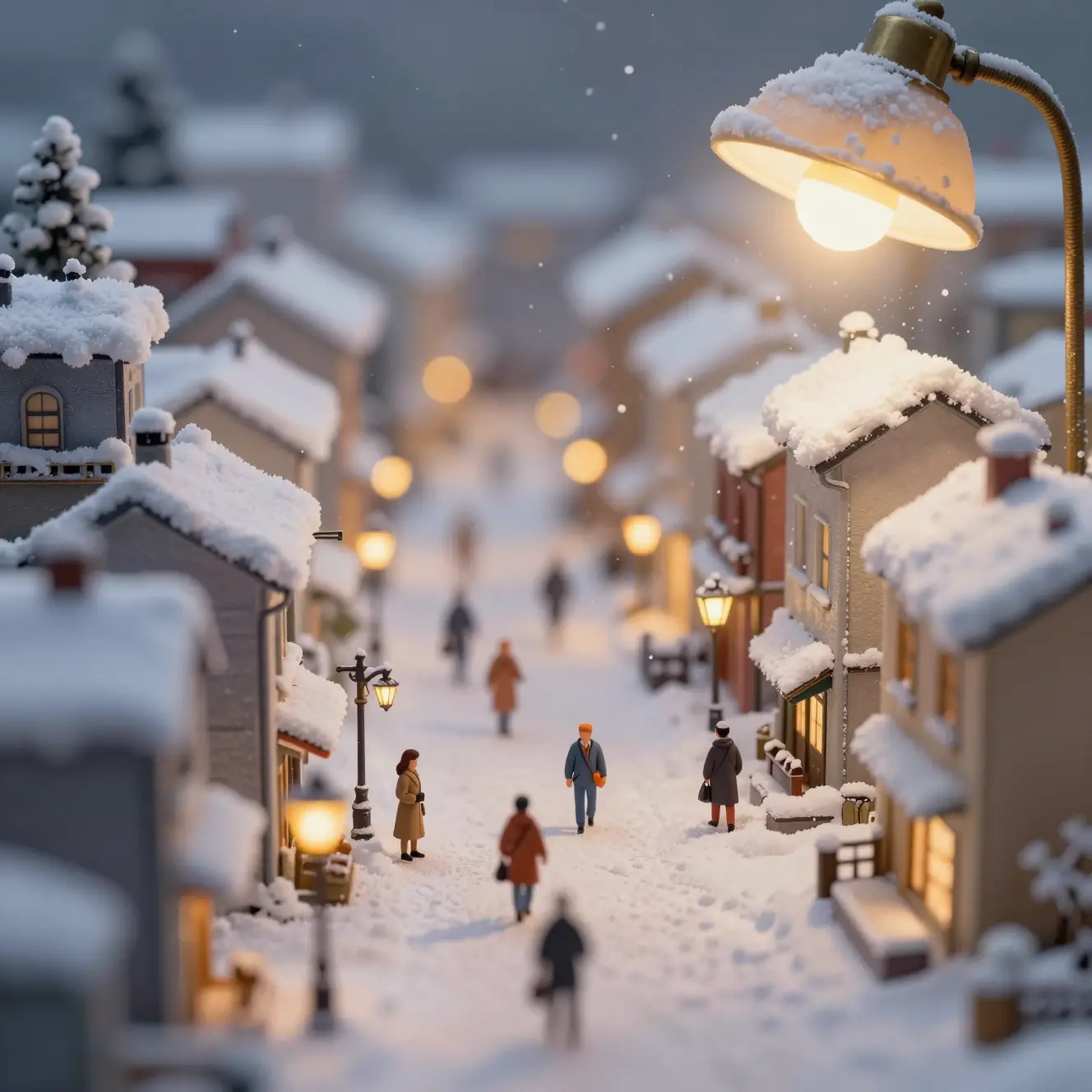 Miniature Winter City Under Warm Antique Lamp Glow