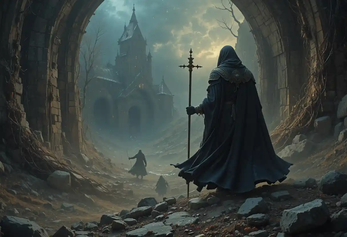 Dark wanderer carrying a cursed song through shadows