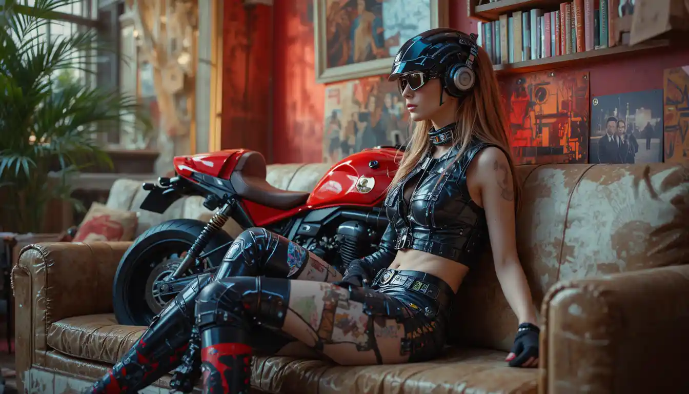 Cyberpunk woman on couch beside red motorcycle