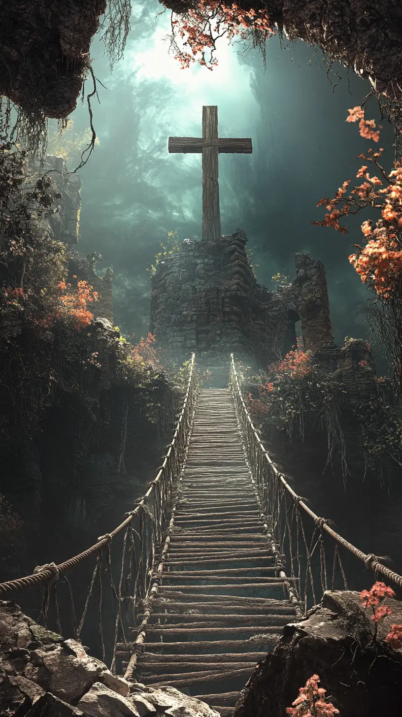 通往發光傳送門的繩索橋，黑暗奇幻廢墟場景
