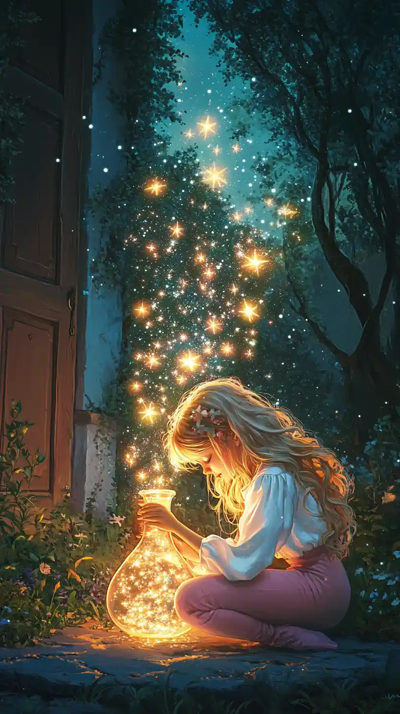 Girl releasing glowing stars from a bottle at night