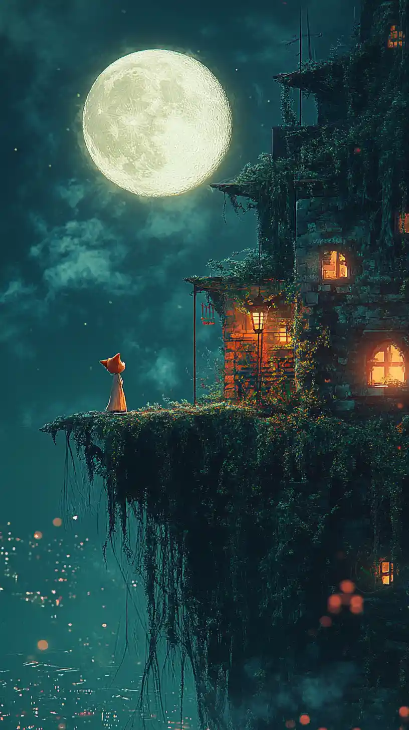Cute furry friend gazing from mossy ruins at night