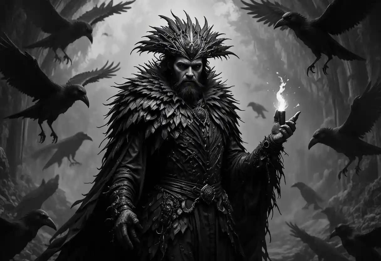 Raven like man holding light in surreal fantasy scene