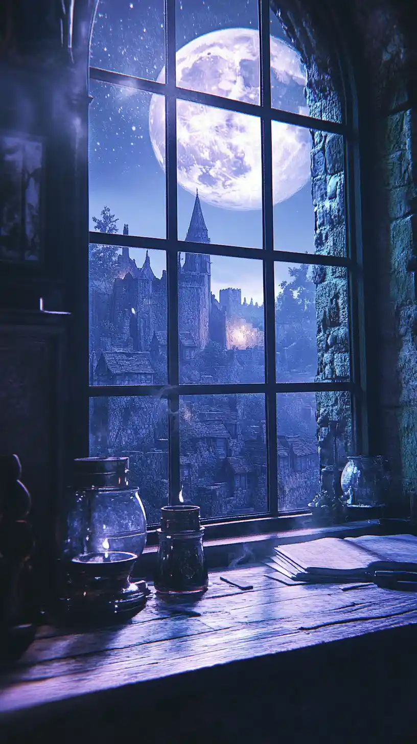 Mondschein-Fantasylandschaft aus dem Fenster eines Zauberturms