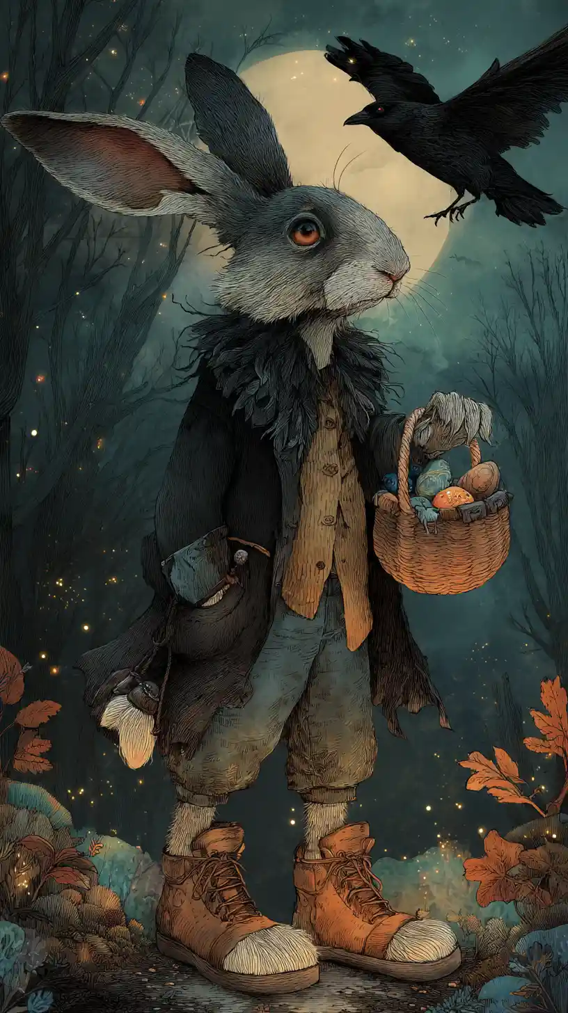 Ominous Rabbit In Torn Suit Crossing A Mystical Forest
