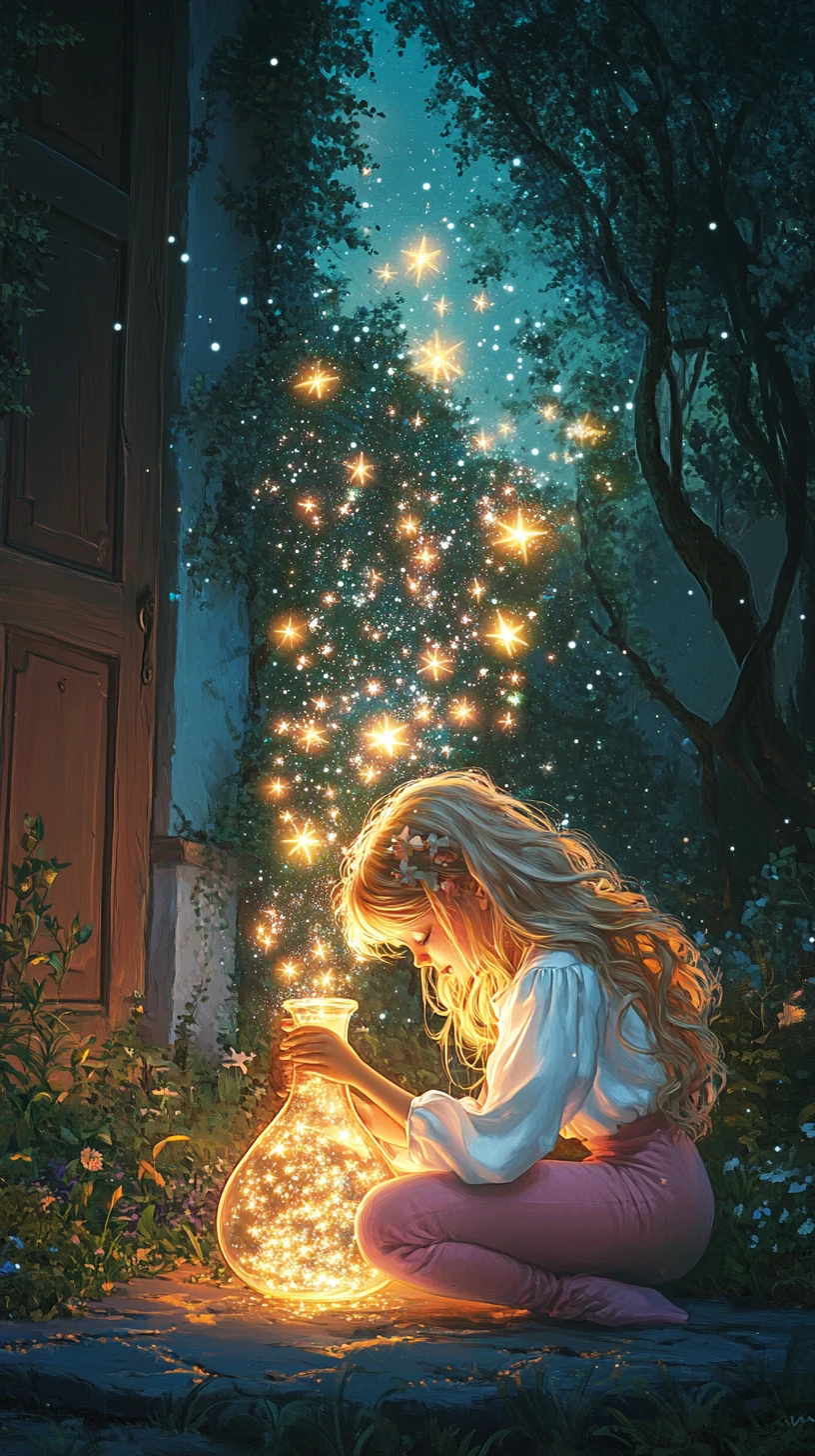 Girl releasing glowing stars from a bottle at night