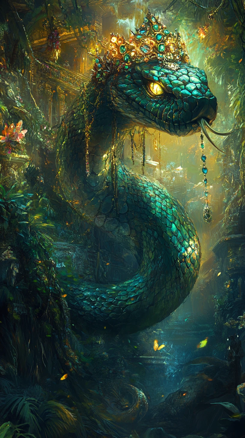 Serpent queen crowned in jewels within jungle temple