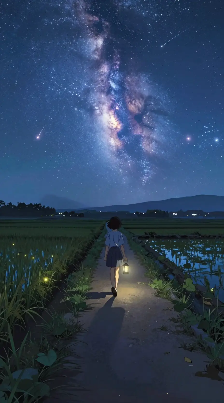 Anime girl walking on a rice field path under stars