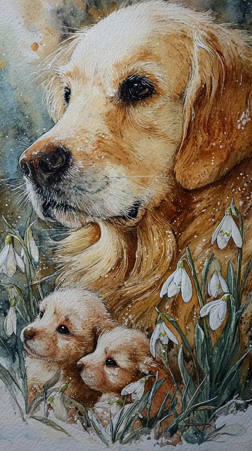 Golden retriever avec deux chiots dans un pré de printemps