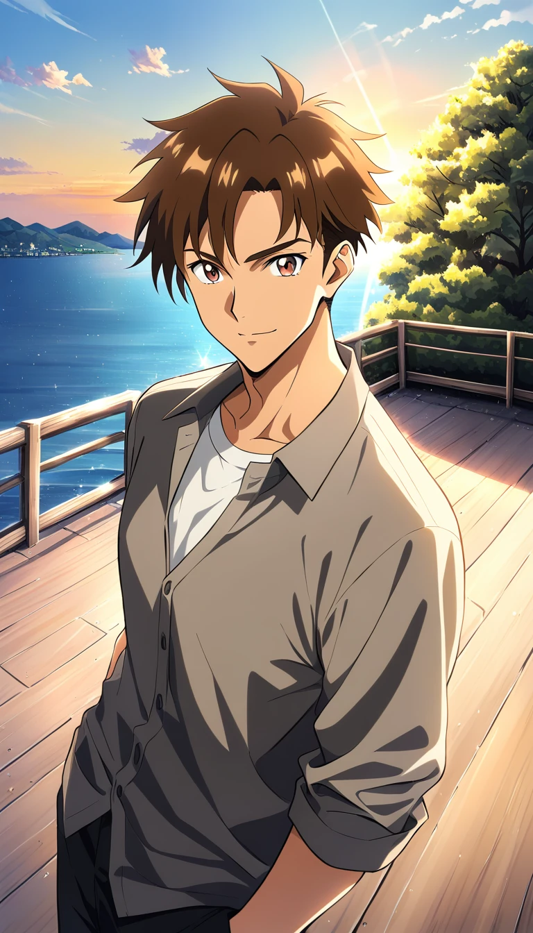 Joven confiado en escena de anime al aire libre al atardecer