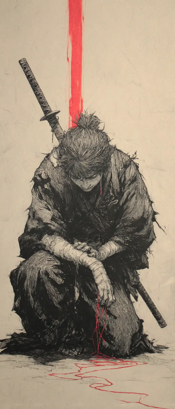 Kneeling samurai at crossed katana with glowing red fate thread