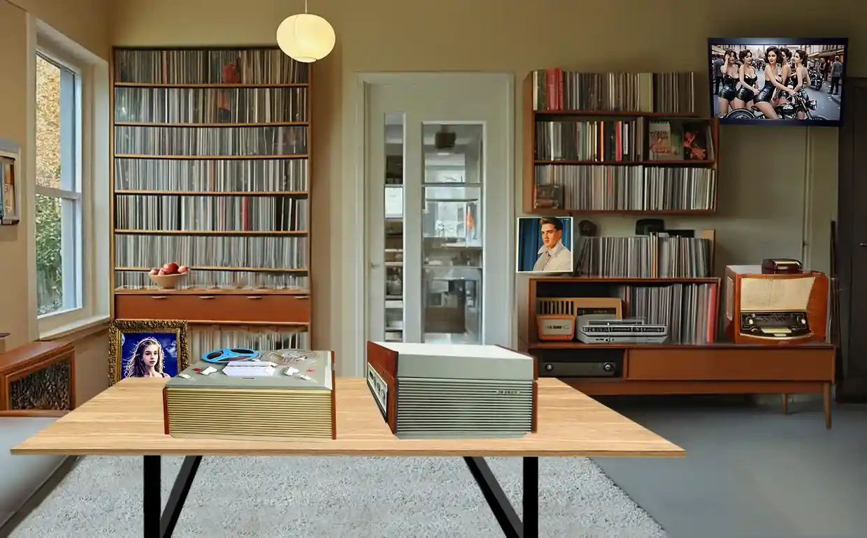Mid century living room with vinyl records and turntables