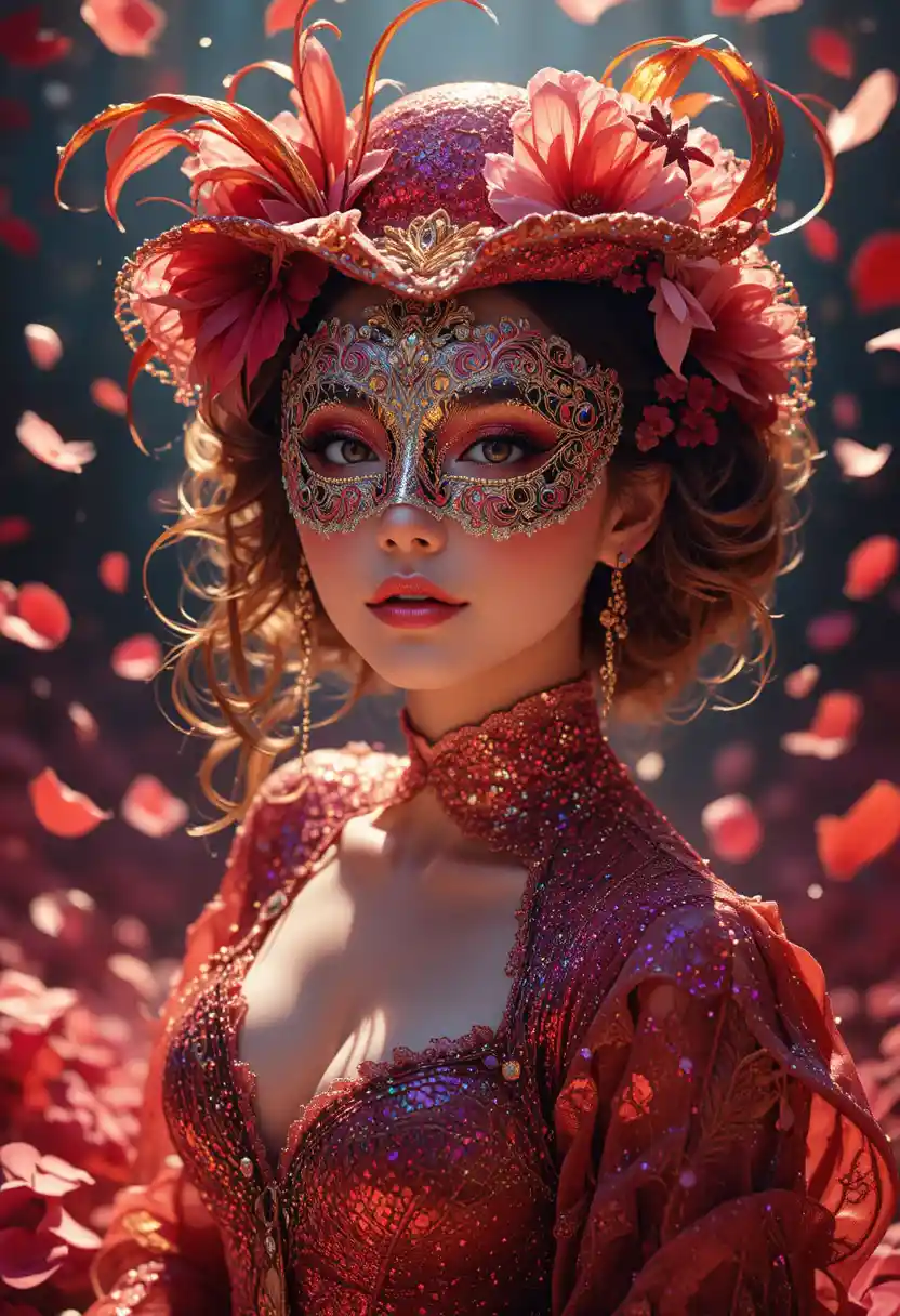 Playful anime girl in carnival mask with glittering petals