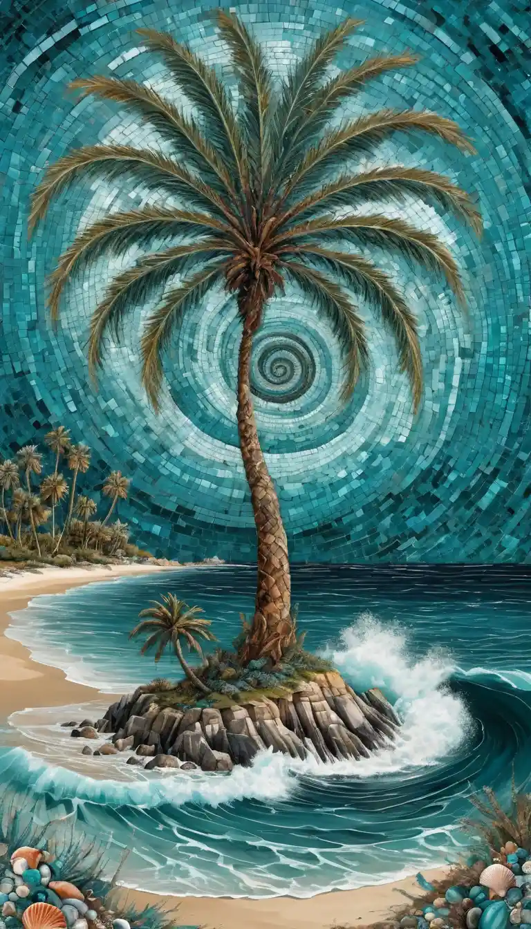 Palma surreale a spirale sopra una minuscola isola tropicale