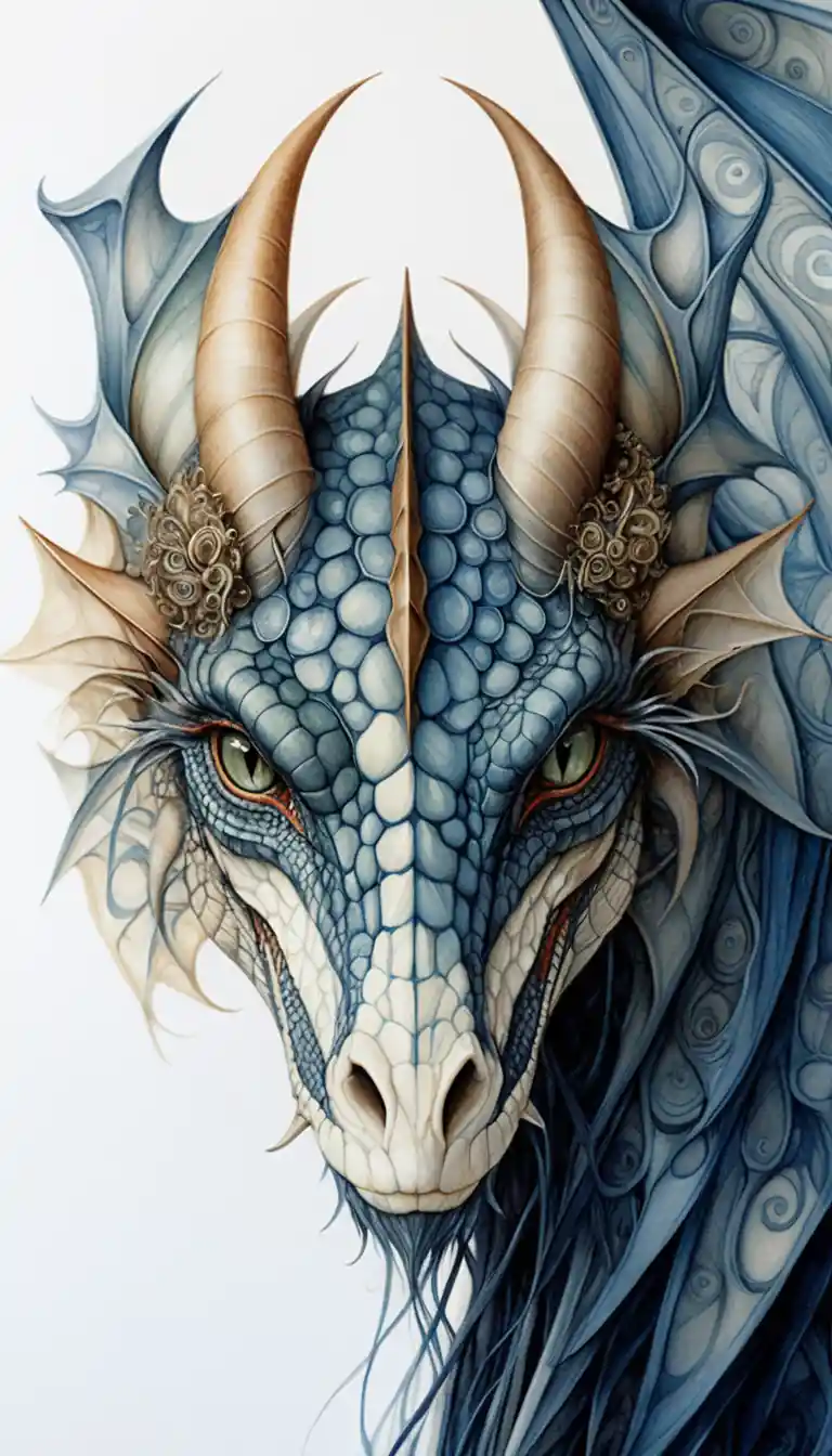 Majestic blue dragon head close up on white background