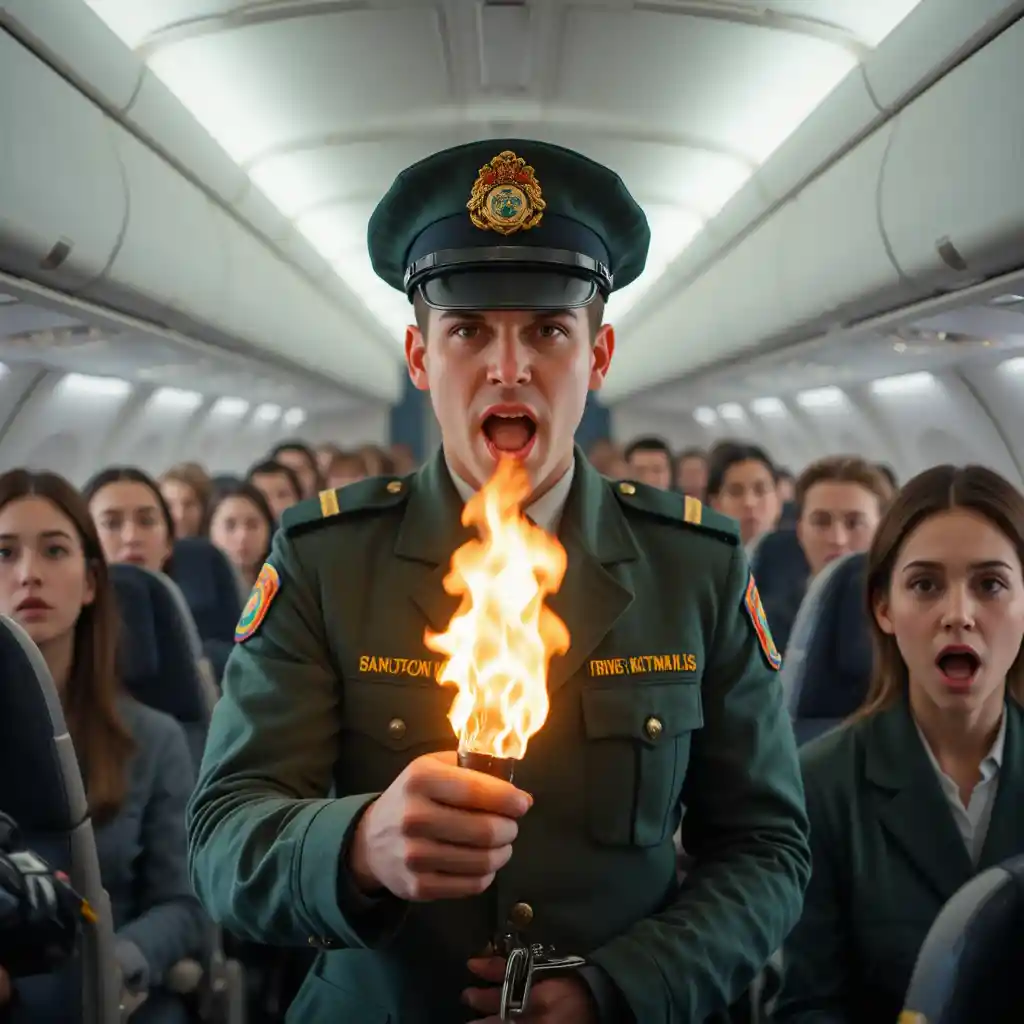 Flugbegleiterin hält Feuer in vollbesetzter Flugzeugkabine
