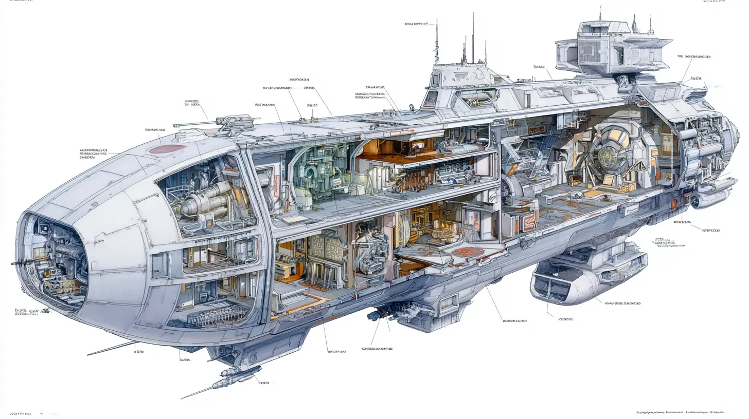 3D cutaway diagram of a massive spaceship interior
