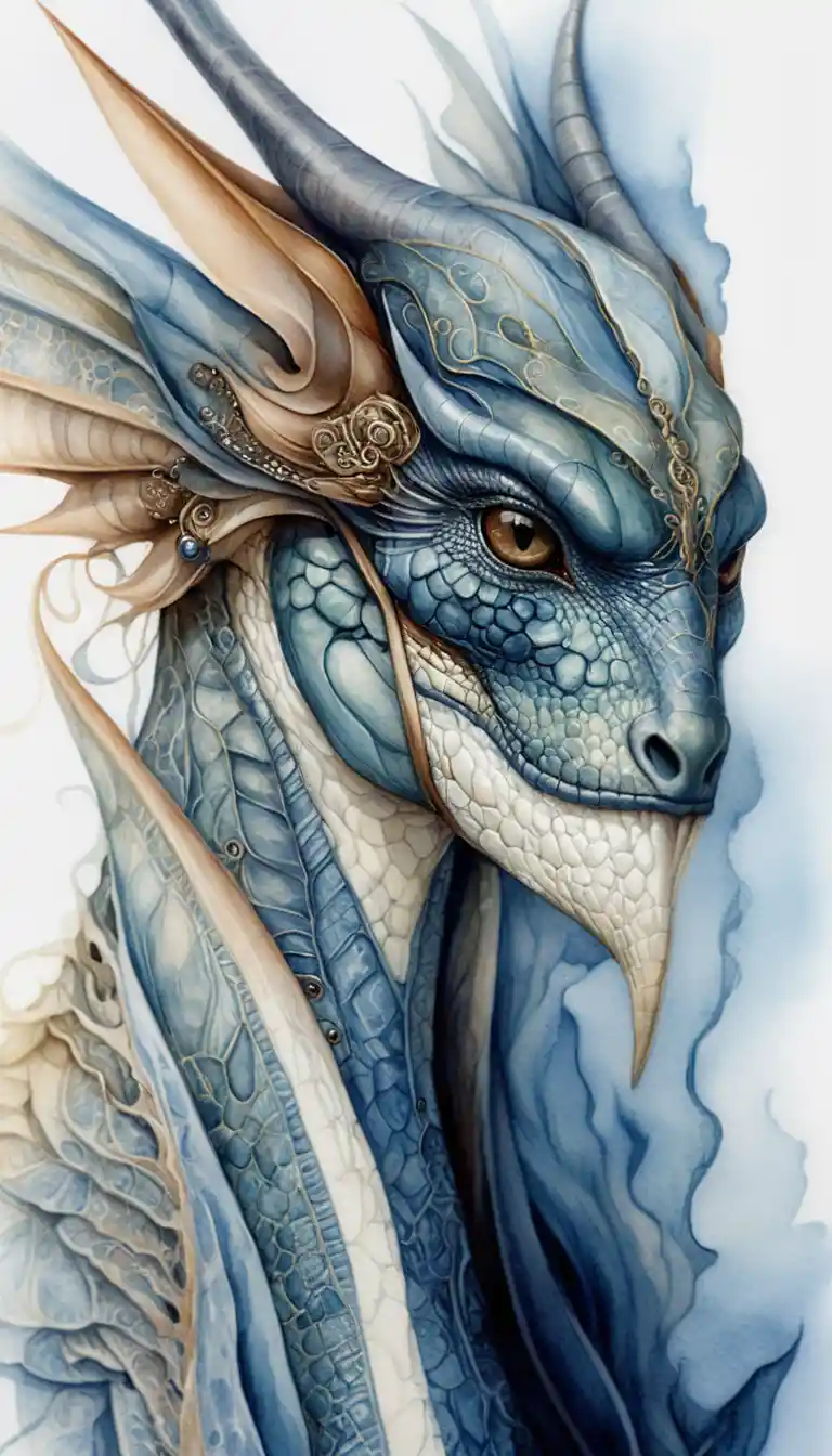 Majestic blue dragon close up with ornate ivory horns
