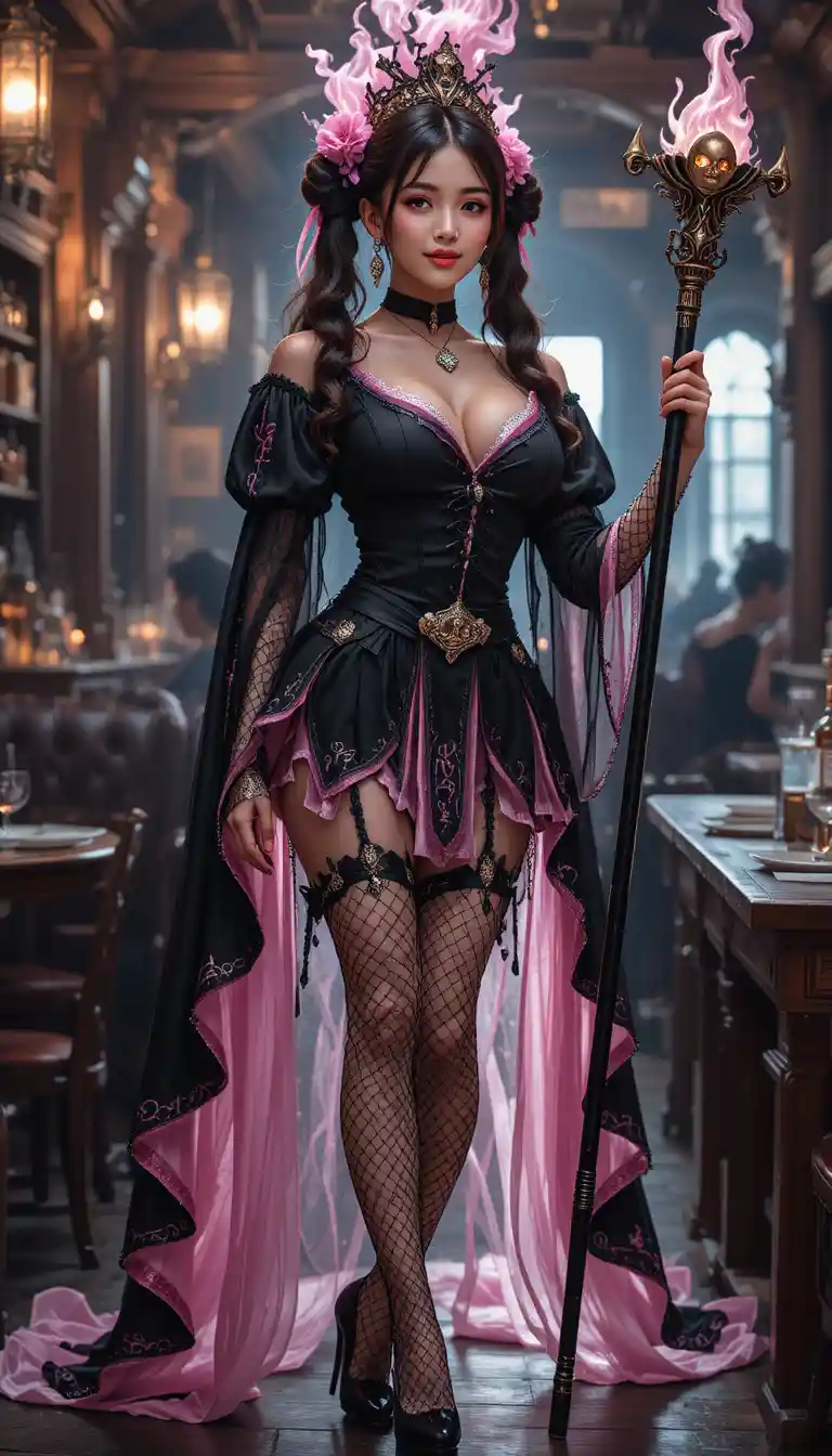 Korean sorceress in black and pink outfit at tavern