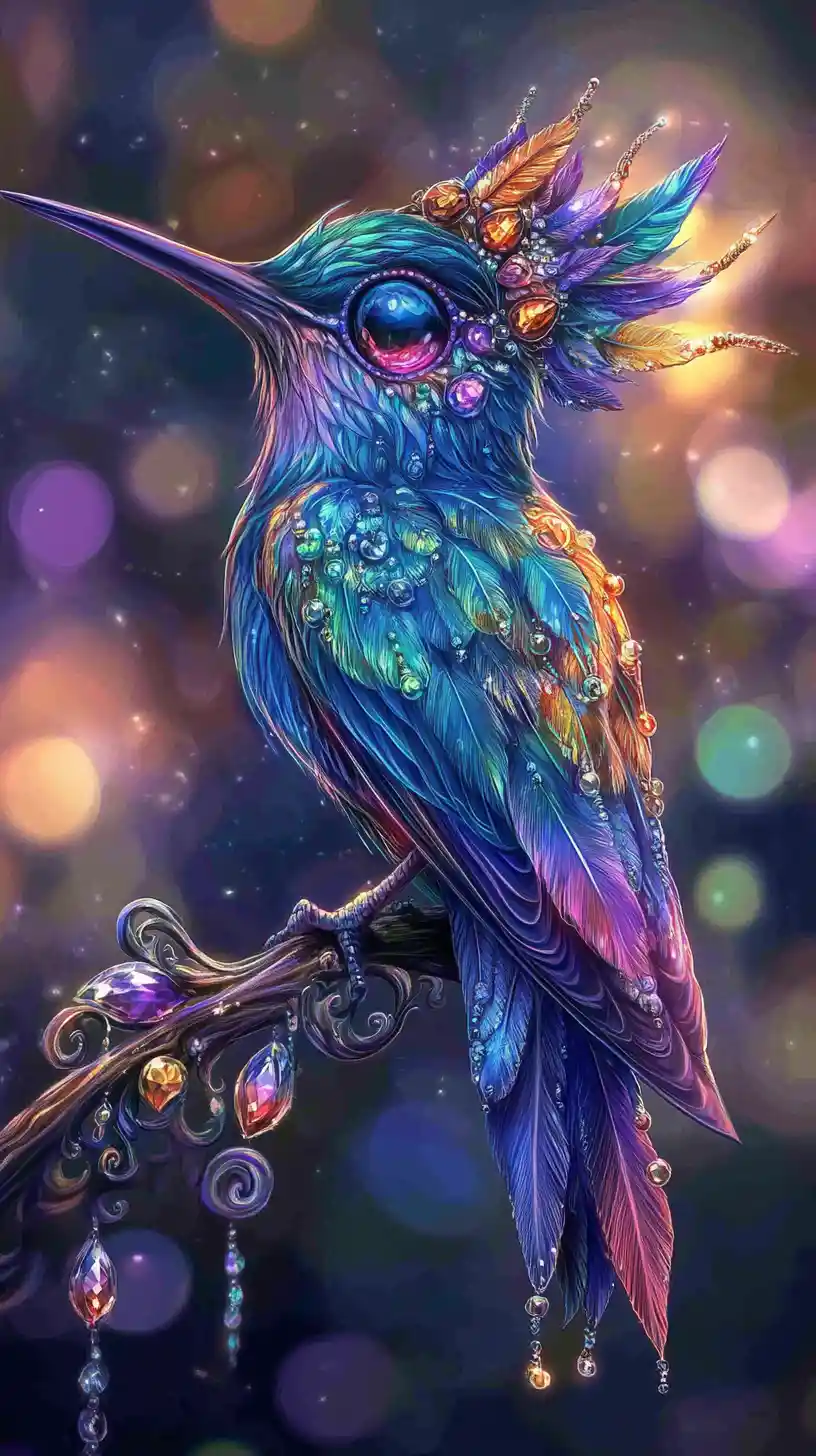 Fantasy hummingbird with jeweled crown on glowing branch