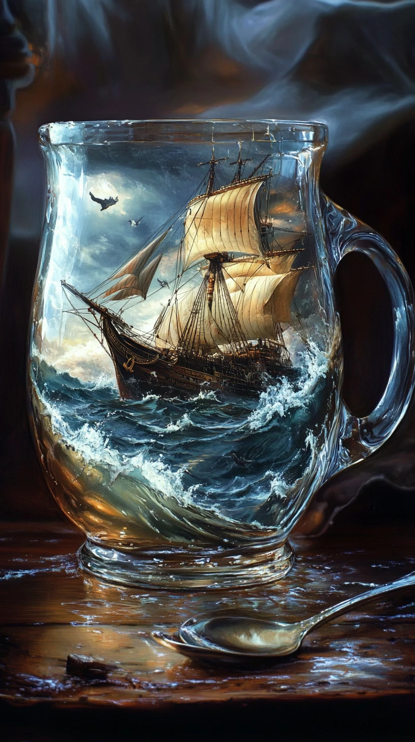 Mug di vetro trasparente con scena di mare in tempesta
