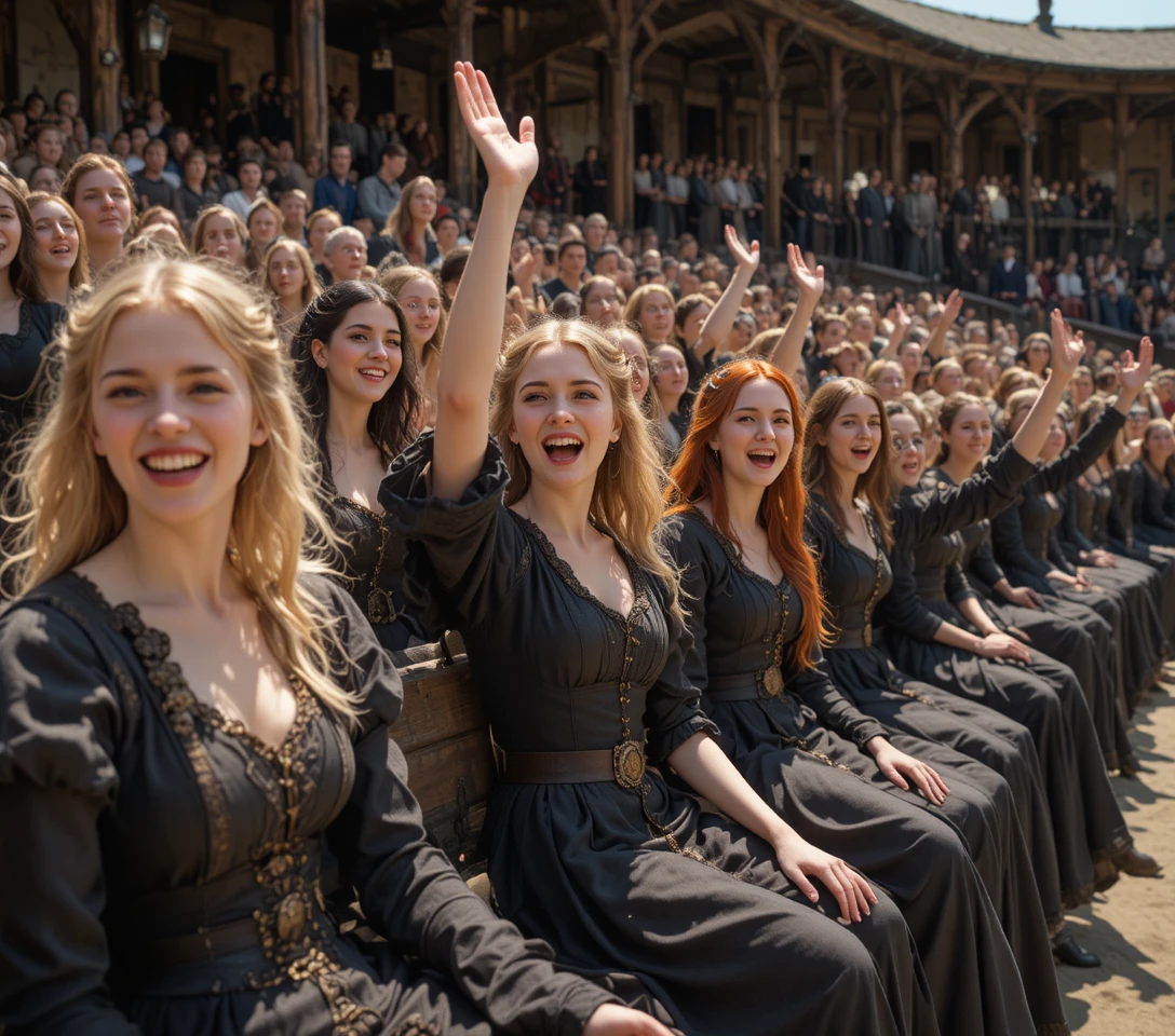 Cheerful medieval girls cheering in sunny wooden stadium stands