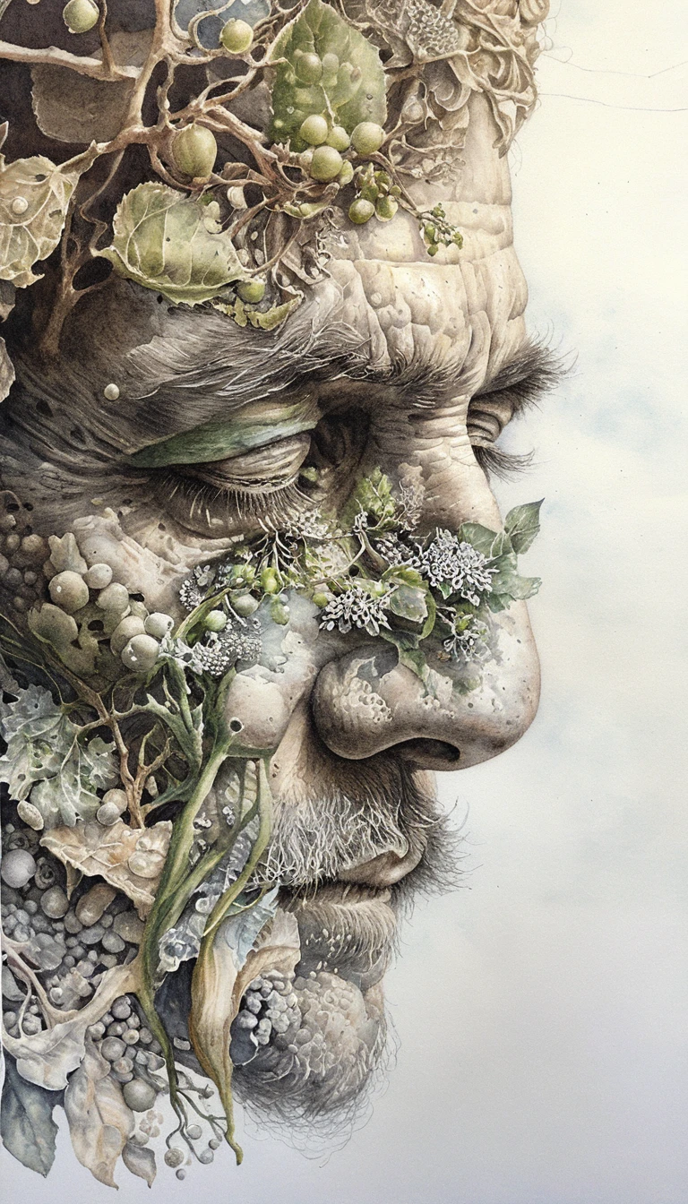 Aged man in profile entwined with ivy and forest growth