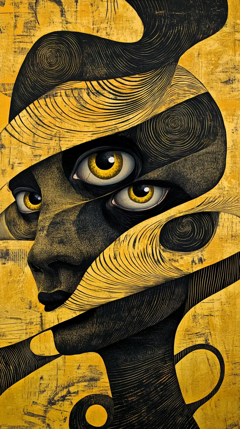 Retrato surreal con ojos desmesurados en un sueño de bronce en espiral