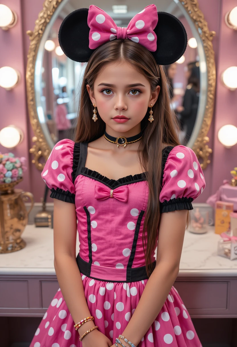 Chico preadolescente ansioso disfrazado de Minnie Mouse en boutique